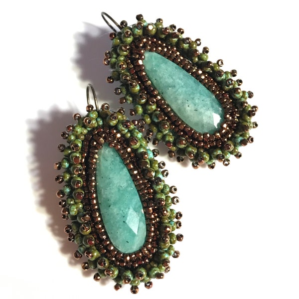 Amazonite Faceted Teardrop Drop Earrings - Bead embroidery - Dark Copper Vintage 3-cut and Turquoise Picasso and beads