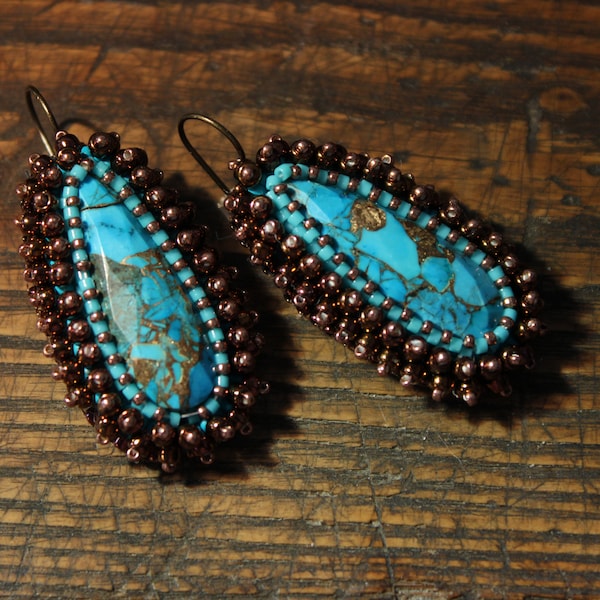 Kit: Elegant Copper Turquoise Teardrop Drop Earrings - Bead embroidery with materials and tutorial - Western style