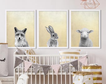 Three Baby Animal Prints Gold Nursery Decor Modern Nursery Prints Woodland Animal Art Bunny Nursery Art Baby Shower Gifts Faux Gold Foil Art