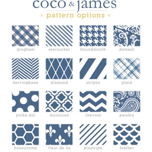 May include: A chart of 16 different patterns in blue and white, with the names of each pattern listed below. The text at the bottom reads "All patterns here represented in the color 'dusk'."