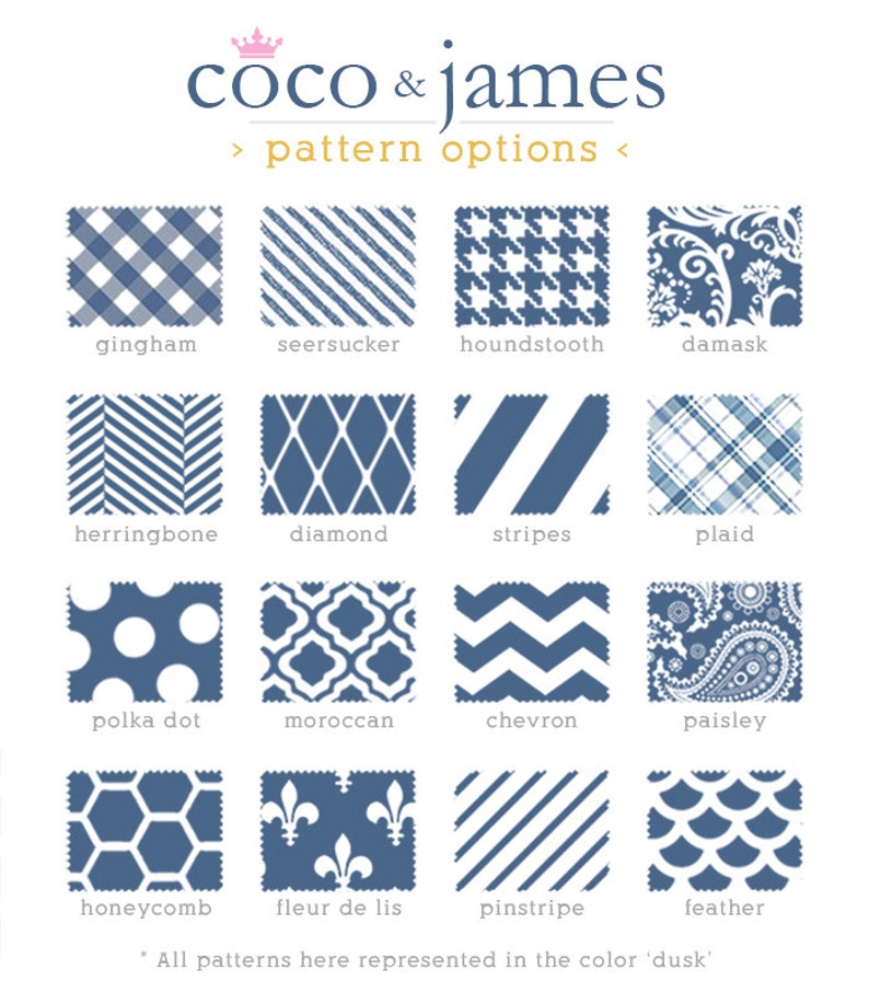 May include: A chart of 16 different patterns in blue and white, with the names of each pattern listed below. The text at the bottom reads "All patterns here represented in the color 'dusk'."