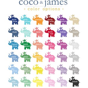 May include: A chart of color options for a personalized product, featuring a variety of colors displayed on elephant illustrations. The colors include bold blue, turquoise, orange, burgundy, bold purple, latte, dusk, diamond blue, coral, bold red, indigo, taupe, french blue, bold green, peach, dark pink, grape, light grey, slate blue, pine green, tangerine, pink, orchid, grey, sky blue, moss green, mustard, bubble gum, lavender, dark grey, lake blue, mint green, lemon, light pink, light lilac, and black.