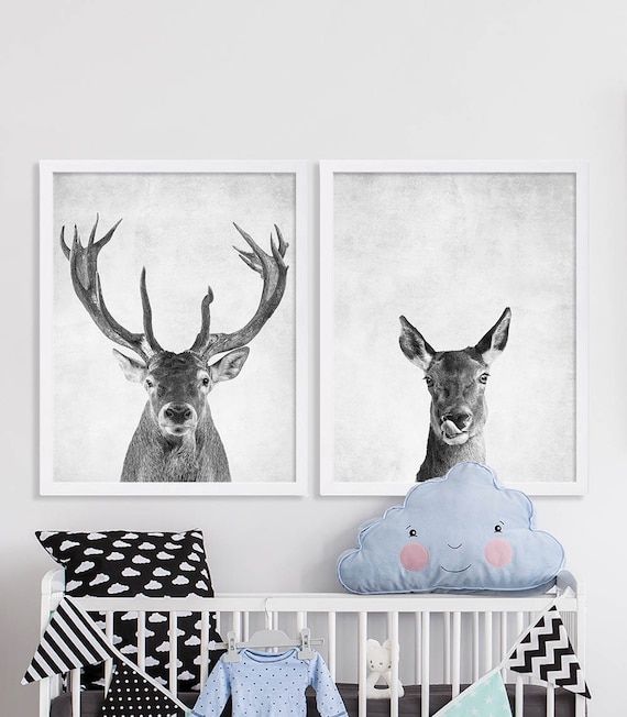 Deer Prints Buck and Doe Two Print Set Baby Room Art Baby Animal Nursery Prints Grey Nursery Decor Animal Portrait Nursery Art Kids Room Art