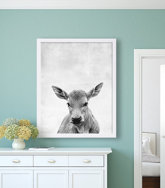 Cow Animal Print Black And White Art Grey Decor Living Room Etsy