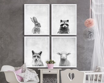 Woodland Animal Nursery Prints Animal Nursery Art Grey Nursery Decor Set of Four Large Prints Cute Animal Prints Animal Photos Bunny Fox Art