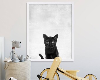 Black Cat Print Animal Nursery Art Gray Nursery Prints Animal Photography Peeking Black Cat Chat Noir Poster Nursery Decor Baby Shower Gift