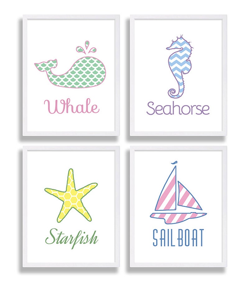 Nautical Nursery Decor Baby Girls Room Set of 4 Prints Baby Etsy