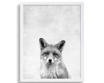 Woodland Nursery Art Baby Fox Print Animal Decor Grey Art Kids Room Decor Black and White Cute Art Modern Nursery Animal Print Extra Large