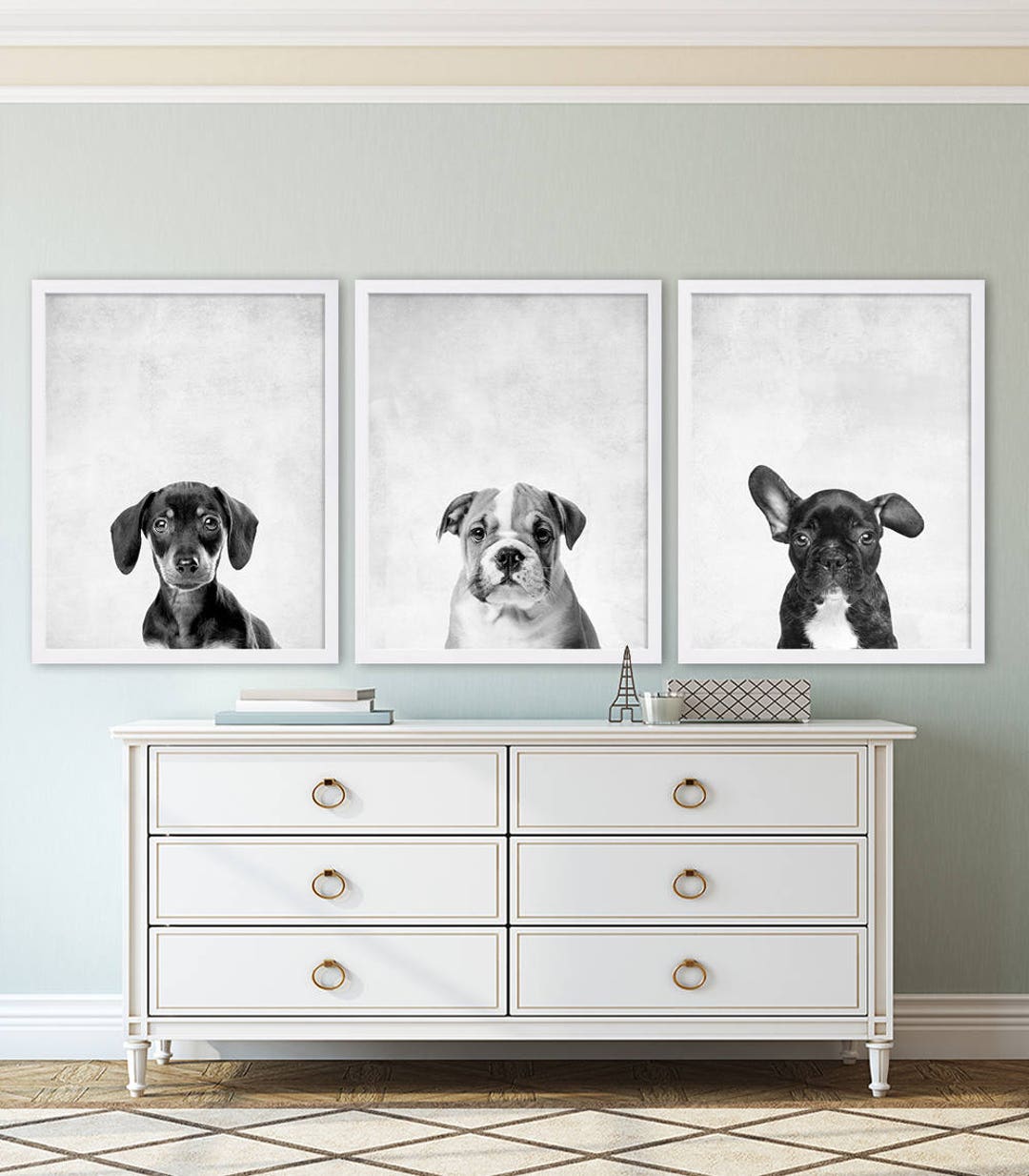 Three Puppy Dog Prints Animal Nursery Art Grey Nursery Decor Etsy