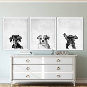 Three Puppy Dog Prints Animal Nursery Art Grey Nursery Decor Modern Nursery Prints Home Decor Pet Prints Animal Prints Dachshund Bulldog image 1