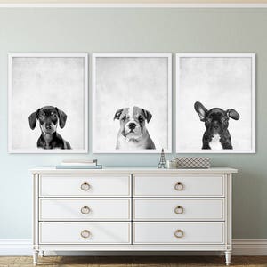 Three Puppy Dog Prints Animal Nursery Art Grey Nursery Decor Modern Nursery Prints Home Decor Pet Prints Animal Prints Dachshund Bulldog
