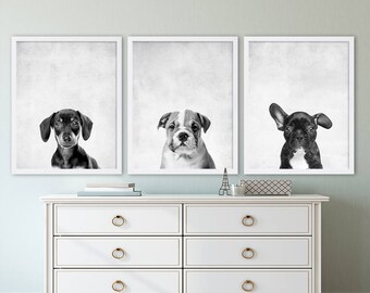 Three Puppy Dog Prints Animal Nursery Art Grey Nursery Decor Modern Nursery Prints Home Decor Pet Prints Animal Prints Dachshund Bulldog