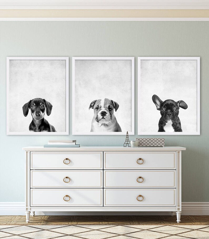 Three Puppy Dog Prints Animal Nursery Art Grey Nursery Decor Modern Nursery Prints Home Decor Pet Prints Animal Prints Dachshund Bulldog image 1