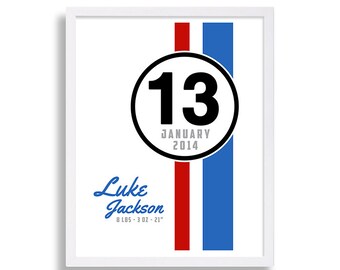 Baby Stats Nursery Art Baby Boy Name Racing Stripes Race Car Nursery Theme Baby Name Nursery Decor Blue and Red Nursery Herbie the Love Bug