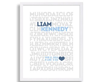 Baby Name Nursery Art Baby Boys Room Birth Announcement Blue Nursery Decor Alphabet Letters Nursery Print Blue and Grey Nursery Baby Stats