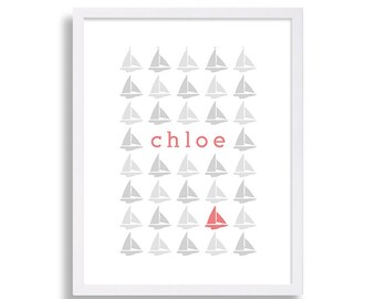 Baby Name Nursery Decor Nautical Nursery Print Sailboat Nursery Art Coral Nursery Grey Nursery 8x10 Print 11x14 Print 5x7 Print 16x20 Print