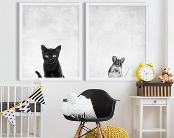 Cat and Mouse Prints Modern Nursery Decor Cute Nursery Prints Beautiful Newborn Baby Gift Ideas Two Print Set Black Cat Animal Prints Poster