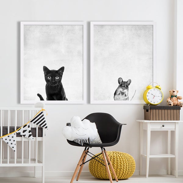 Gato y ratón impresiones moderno vivero Decor lindo vivero imprime Ideas de regalo hermoso bebé recién nacido dos cartel de estampados de animales impresión Set gato negro