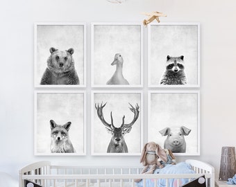 Seis impresiones animales chicos vivero habitación Ideas animales del bosque vivero arte gris vivero Decor oso ciervo grabado astas Babys grabado sala impresión del arte