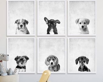 Six Puppy Dog Prints Animal Nursery Art French Bulldog Lab Yorkie Jack Russel Dachshund Dog Portraits Cute Nursery Decor Nursery Room Ideas