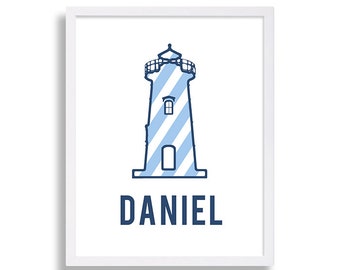 Decoração náutica para berçário, farol, arte para berçário, bebê menino, estampa listrada, arte azul, berçário, praia, berçário, impressão 8x10