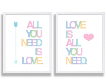 Two Print Nursery Art Set All You Need Is Love - Love Is All You Need Nursery Decor Heart and Arrow Nursery Print Baby Girl Nursery Art