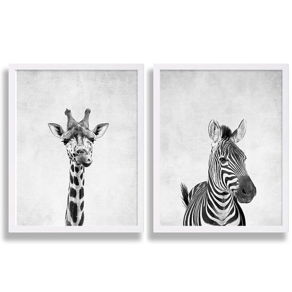 Two Animal Prints Giraffe Print African Safari Art Zebra Print Cute Nursery Decor Baby Animal Nursery Prints Newborn Gift Grey Nursery Decor