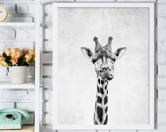 Nursery Room Art Giraffe Print Grey Nursery Decor Minimalist Art Print Black and White Wall Decor African Safari Animal Photography Print