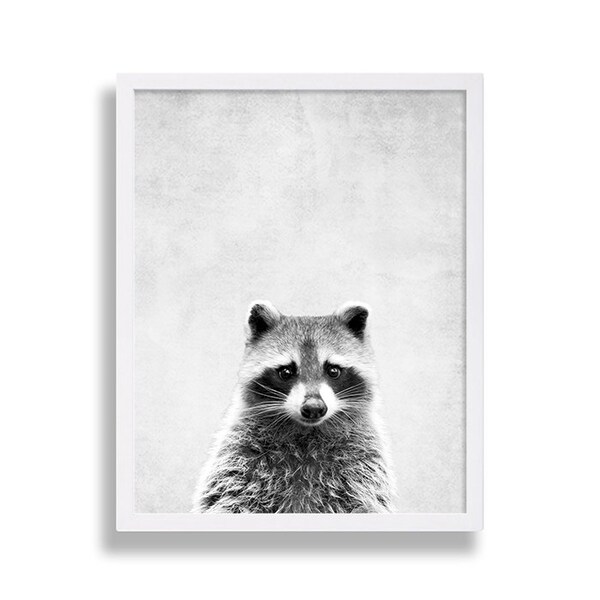 Cute Animal Nursery Print Woodland Creature Art Kids Room Decor Raccoon Print Animal Art Grey Nursery Decor Black and White Modern Nursery