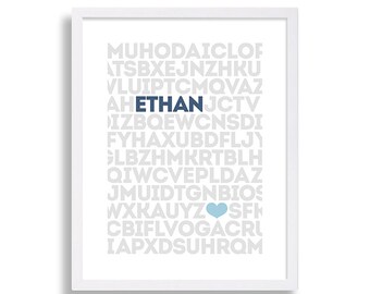 Letters Nursery Art Blue and Grey Nursery Decor Baby Name Nursery Print Ethan Heart Print Text Print Alphabet Nursery Art Baby Shower Gift