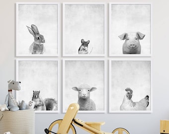 Animal Nursery Prints Large Nursery Art Modern Nursery Decor Animal Portraits Baby Shower Gift Ideas Bunny Mouse Squirrel Sheep Chicken