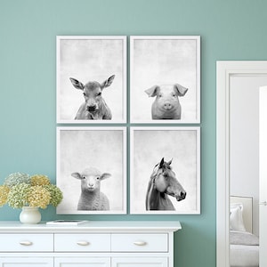 Farm Animal Prints Old McDonald Animal Nursery Art Set of Four Large Art Prints Grey Prints Cow Print Pig Horse Poster Sheep Beautiful Art