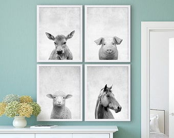 Farm Animal Prints Old McDonald Animal Nursery Art Set of Four Large Art Prints Grey Prints Cow Print Pig Horse Poster Sheep Beautiful Art