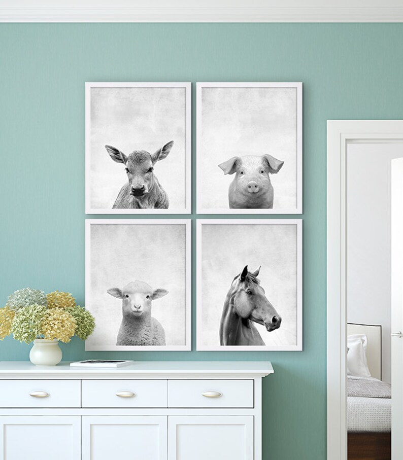 May include: A set of four black and white framed prints featuring close-up portraits of a calf, pig, lamb, and horse. The prints are displayed on a light blue wall above a white dresser.