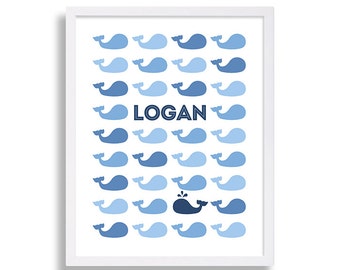 Whale Nursery Art Nautical Nursery Decor Blue Nursery Prints Personalized Baby Name Print Blue Nursery Baby Boy Nursery Modern Nursery Art