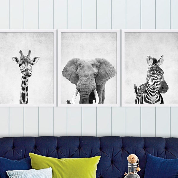 Set of Three Safari Animal Nursery Art Cute Nursery Decor Baby Shower Gift Animal Prints Elephant Zebra Giraffe Grey Prints Baby Animal Art