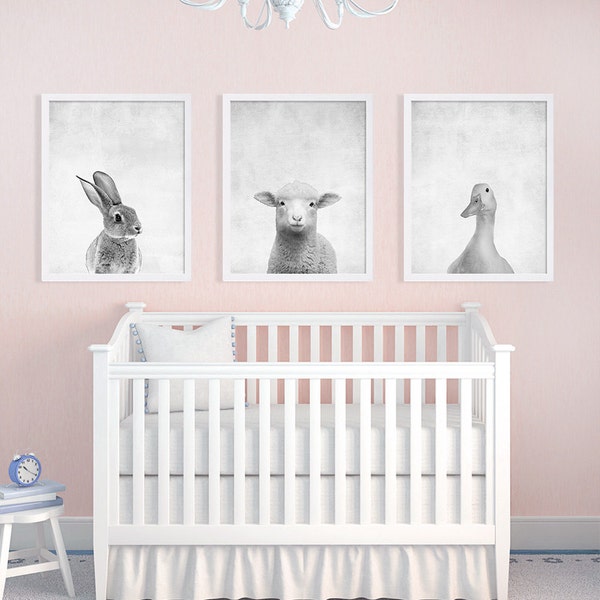 Set of Three Baby Animal Prints Nursery Art Prints Black and White Art Bunny Print Lamb Duck Kids Room Decor Nursery Decor Baby Gift Ideas