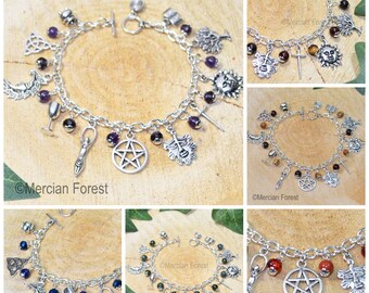 Pagan Charm Bracelet, Wiccan Charm Bracelet, Witches Charm Bracelet - Choice of Gemstone