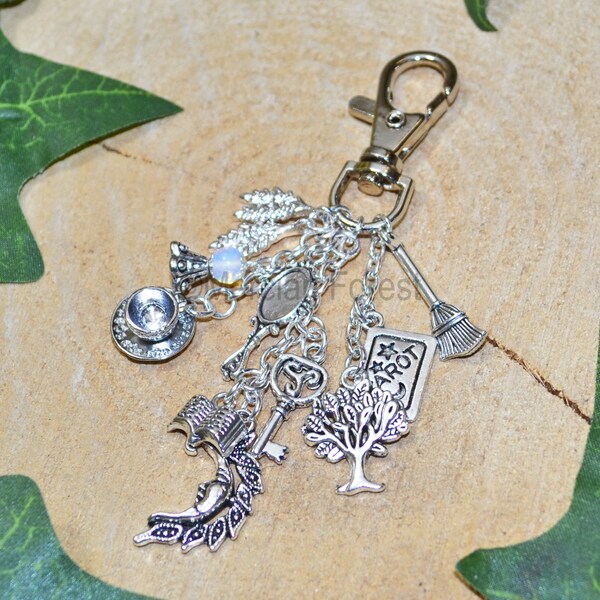 Witches Bag Charm, Pagan Bag Charm, Tarot Cards, Crystal Ball, Besom, Scrying Mirror