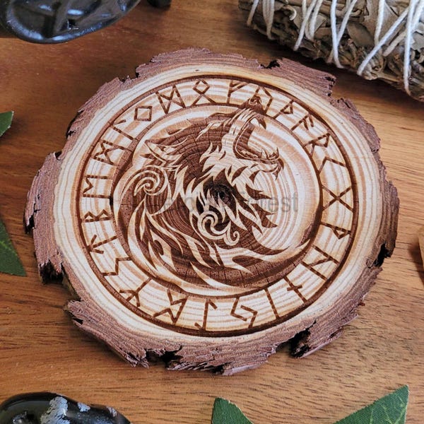 Fenrir Altar Tile, Fenrir Altar Decoration, God of Chaos and Destruction Wood Slice Decoration for Wiccan Witch Norse Altar