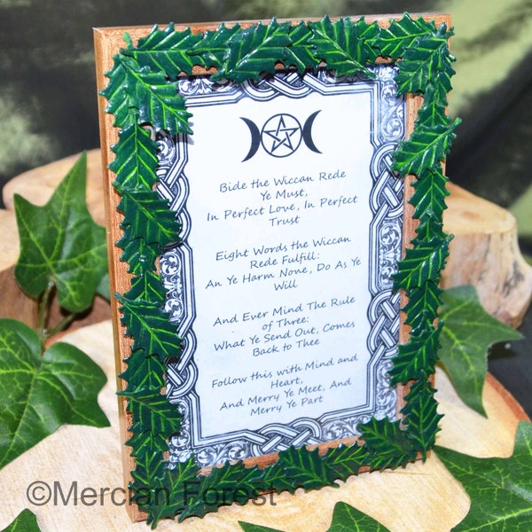 Pagan Decoration Holly Leaf Picture Frame, Altar Decoration for Pagan Goddess, Gods, Deities, Wiccan Rede.  Scrying Mirror, Yule Decoration