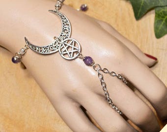 Ornate Crescent Moon & Pentacle Bracelet Ring  with Amethyst Beads