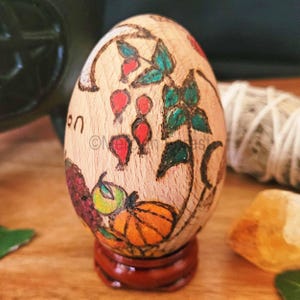 Mabon Wooden Egg Decoration, Hand pyrographed and painted, Mabon Altar Display for Wiccan or Witch