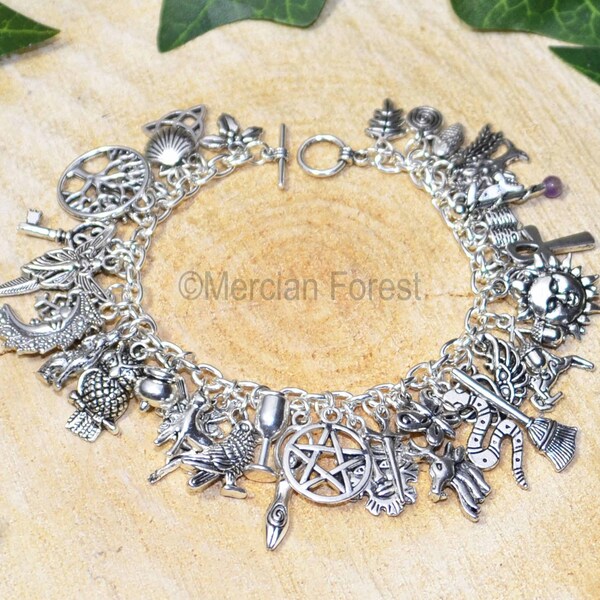 Pagan Bracelet Pagan Charm Bracelet with 41 charms, Wiccan Charm Bracelet, Witches Charm Bracelet - Handmade Pagan Jewellery