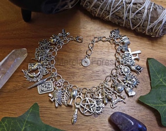 Pagan Charm Bracelet with 34 Charms, Wiccan Charm Bracelet, Witches Charm Bracelet -  Adjustable and Handmade Pagan Jewellery
