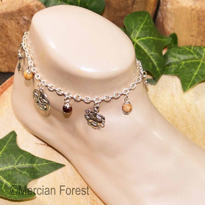 Wiccan Charm Anklet with Picture Jasper Handmade Pagan Witch Jewellery