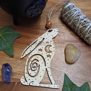 Celestial Moon Gazing Hare Wall Hanging with Moon and Stars, Pagan Decoration, Altar Decoration
