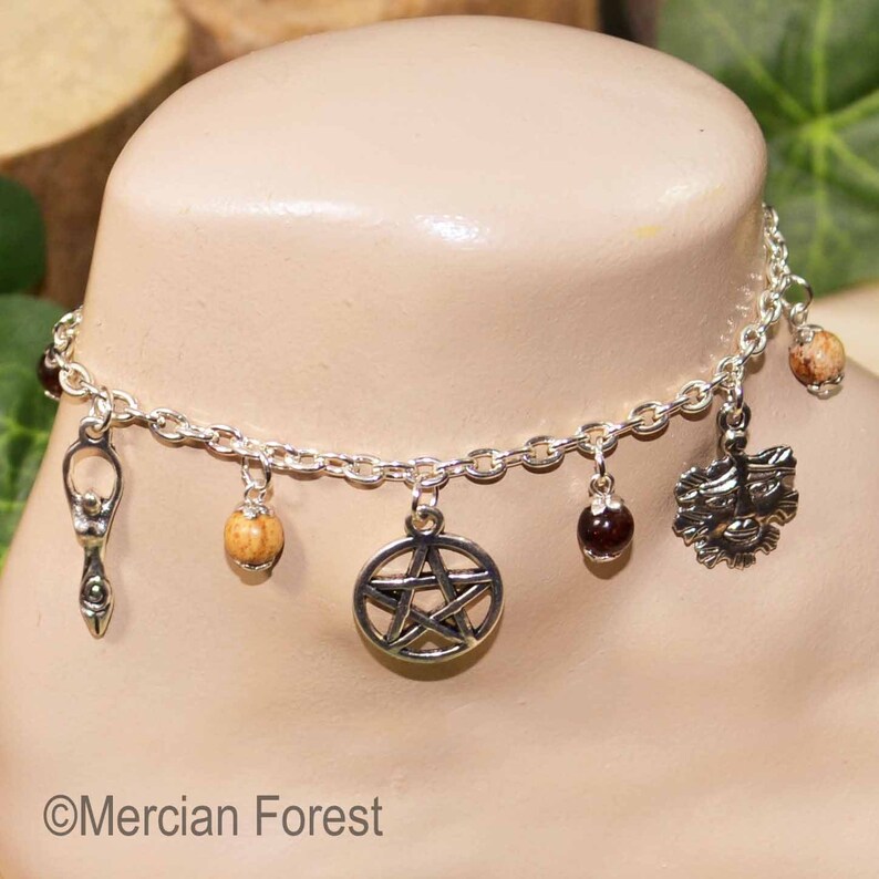 Wiccan Charm Anklet with Picture Jasper Handmade Pagan Witch Jewellery