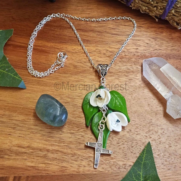 Brigids Cross Pendant Necklace, Imbolc Jewellery, Pagan Jewellery, Wiccan Necklace, Snowdrop Necklace, Druid Jewellery, Goddess Jewellery