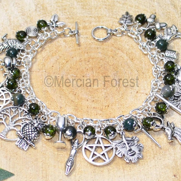 Pagan Bracelet Pagan Ways Charm Bracelet, Witches Charm Bracelet, Wiccan Charm Bracelet with Moss Agate